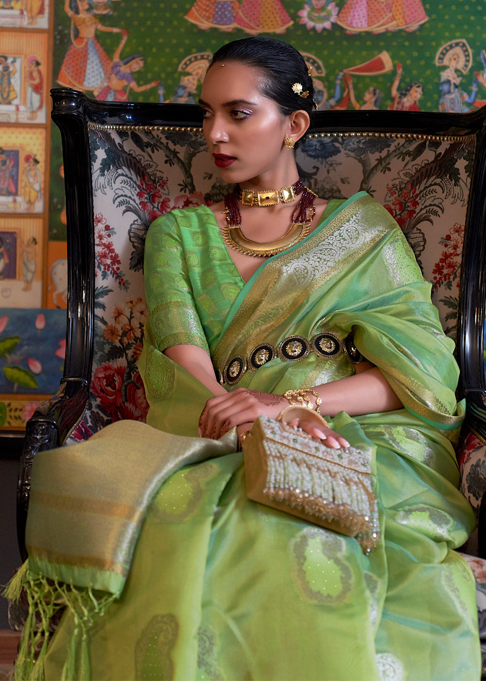 Buy MySilkLove Pista Green Woven Banarasi Organza Silk Saree Online