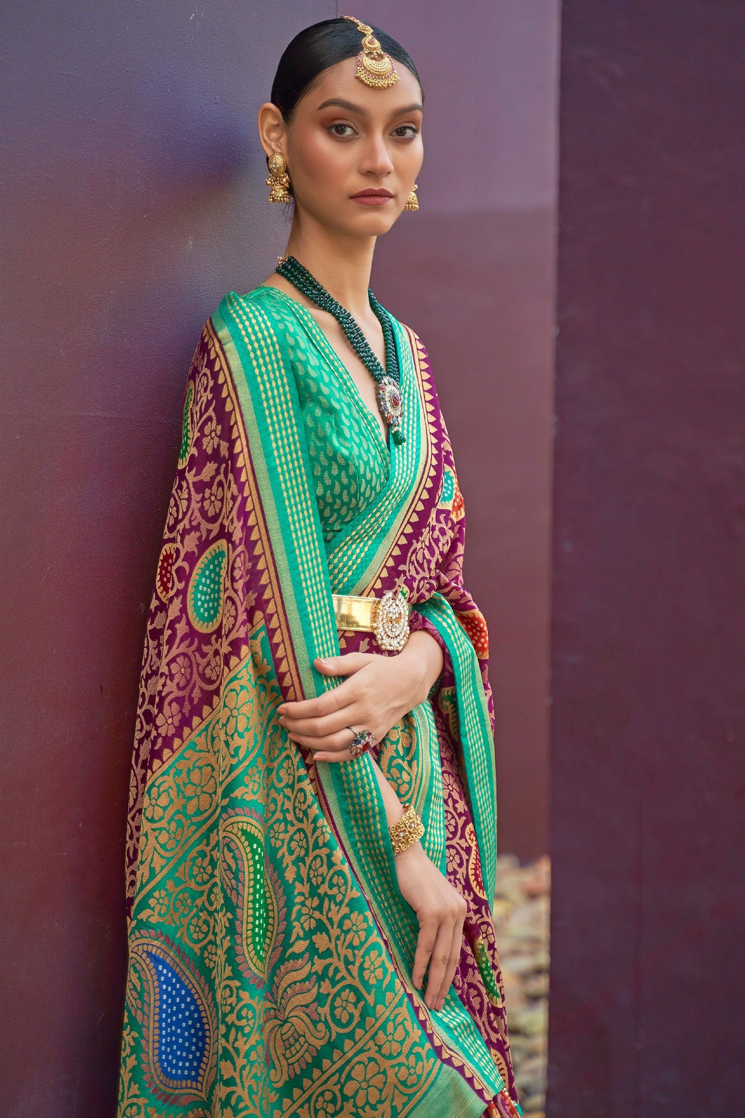 MySilkLove Tapestry Purple and Green Printed Brasso Saree