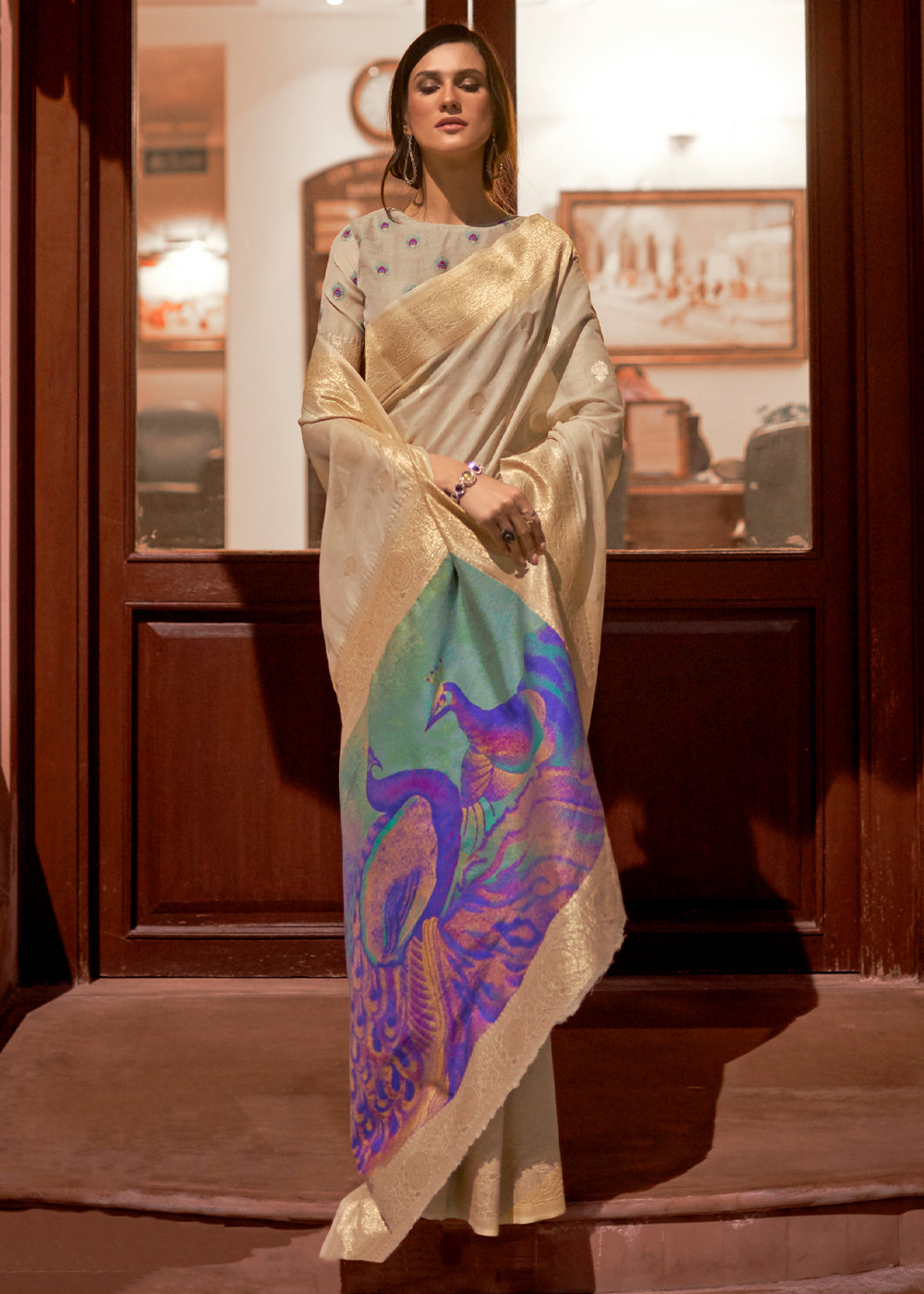 Buy MySilkLove Khaki Cream Zari Woven Banarasi Saree with Peacock Pallu Online