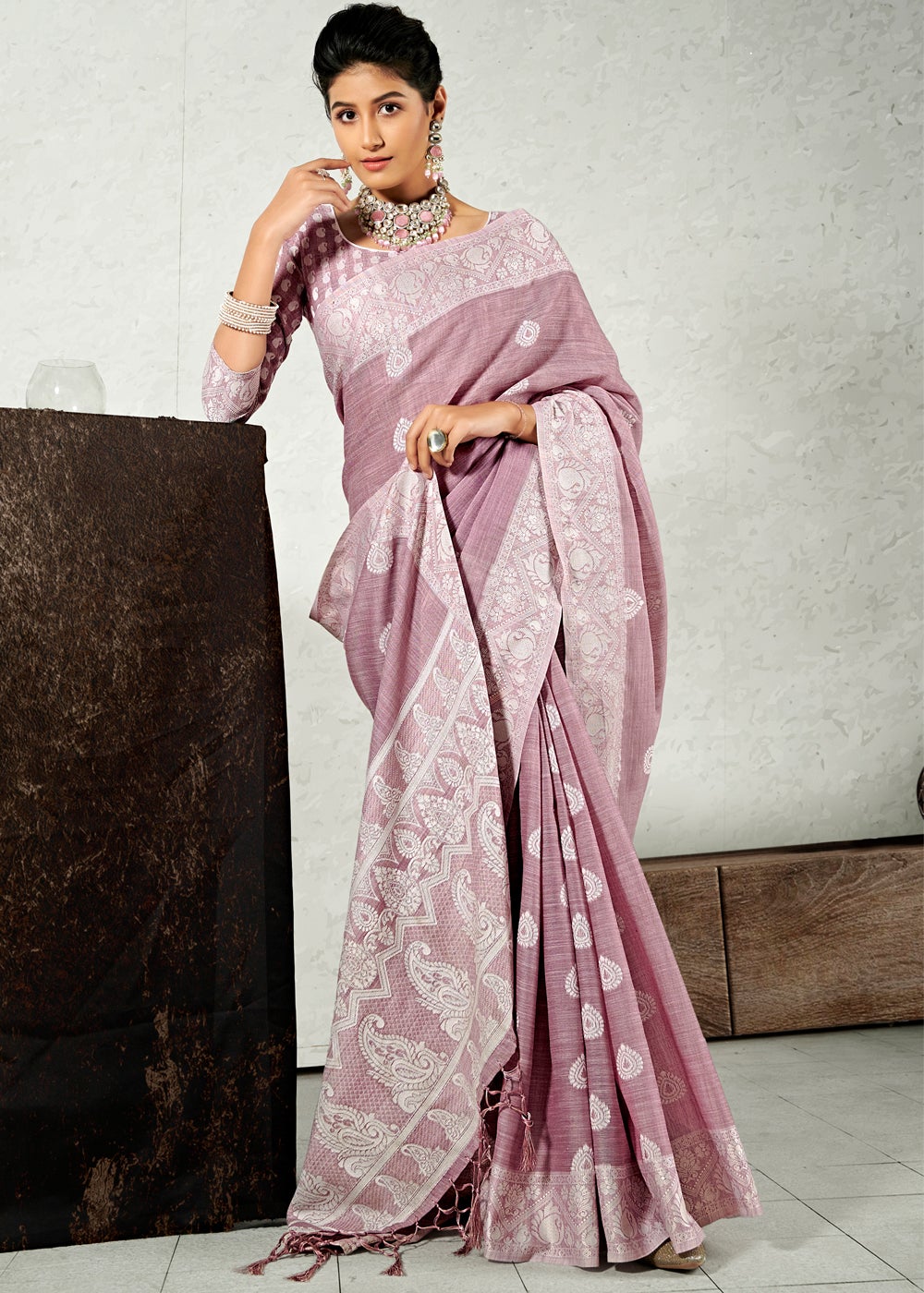 Buy MySilkLove Pink Pearl Zari Woven Linen Saree Online