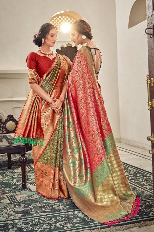 Buy MySilkLove Gerald Pink and Green Zari Woven Banarasi Saree Online