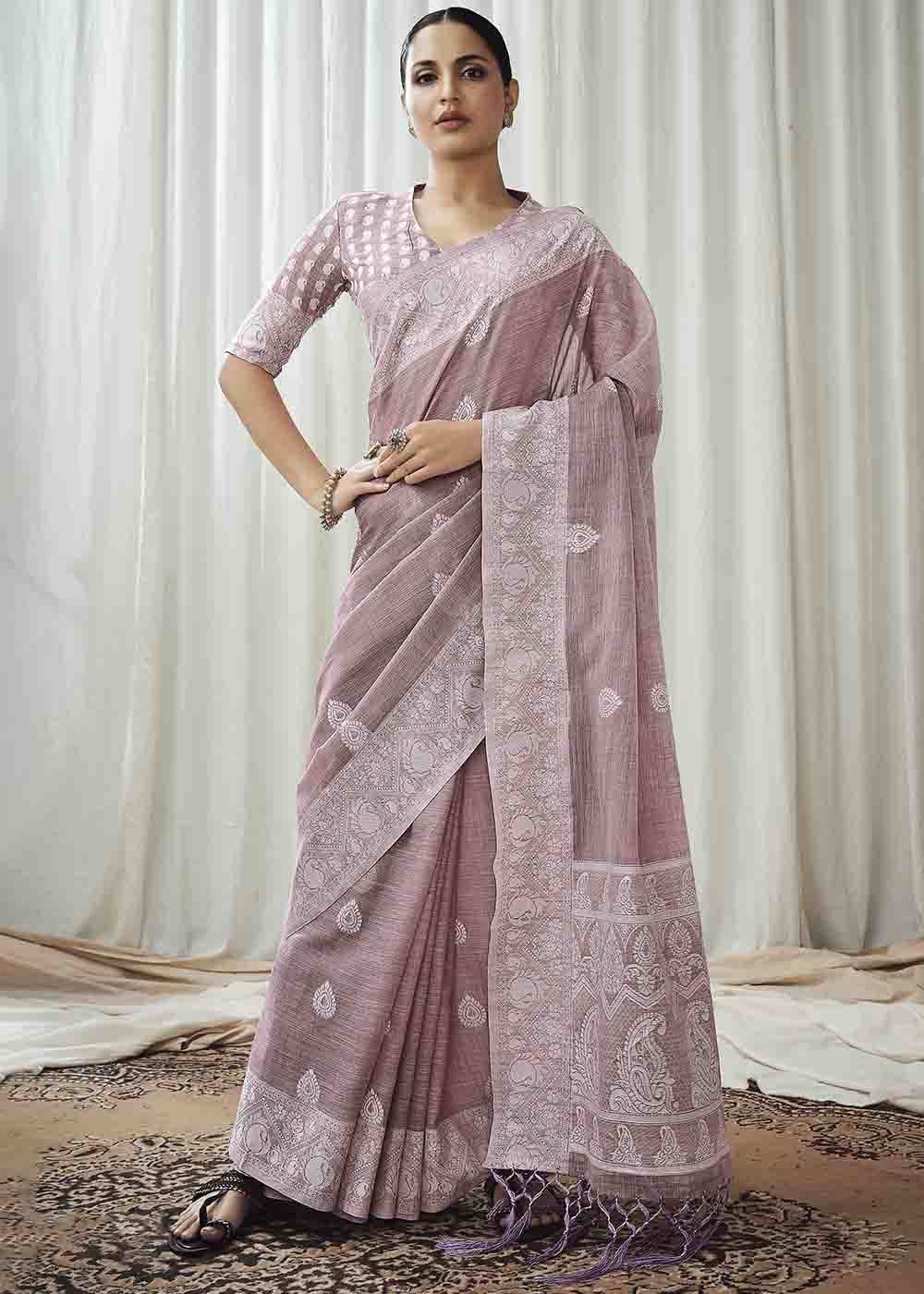 Buy MySilkLove Dusty Purple Chikankari Linen Saree Online