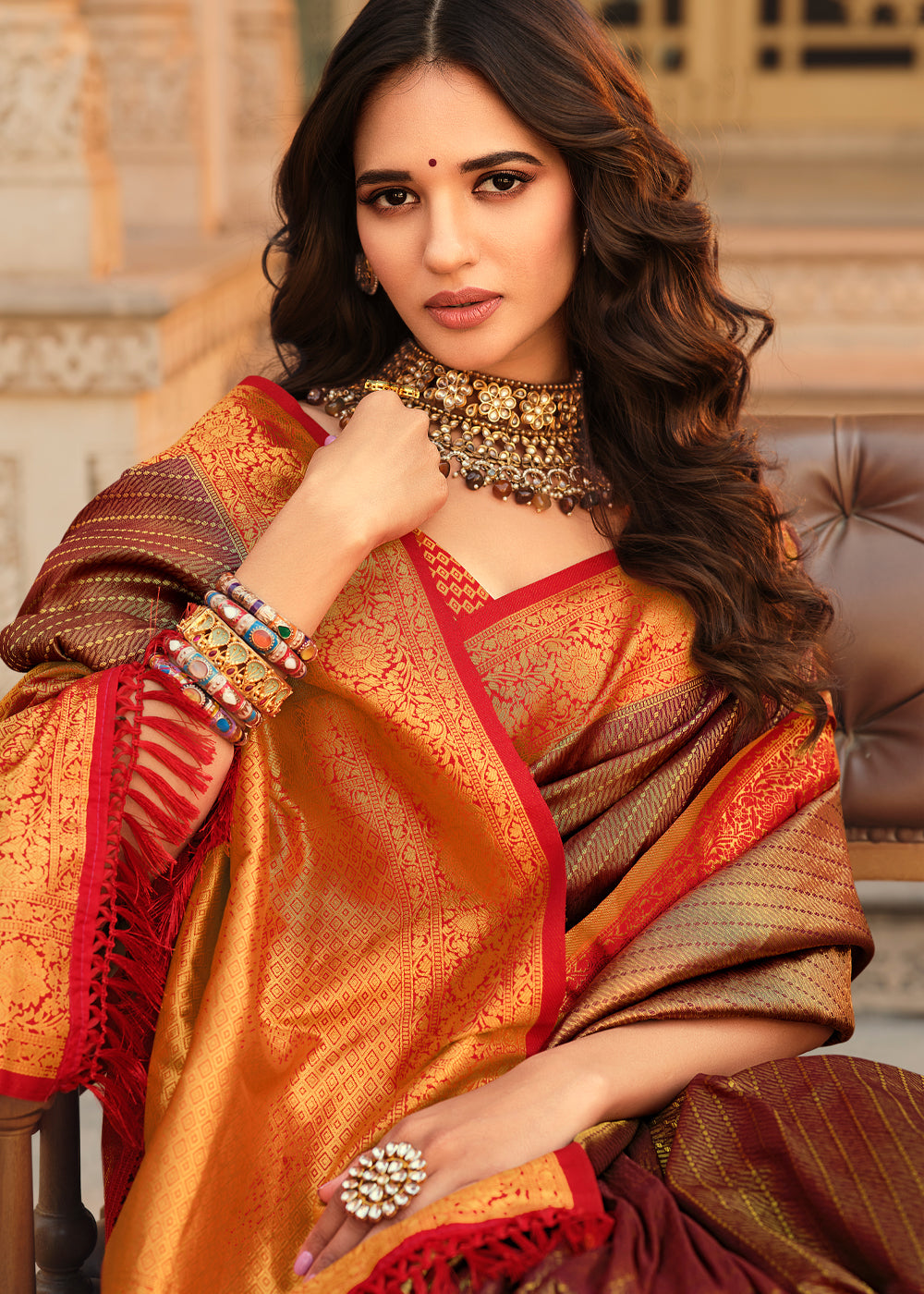 Buy MySilkLove Brown Derby and Red Zari Woven Kanjivaram Saree Online