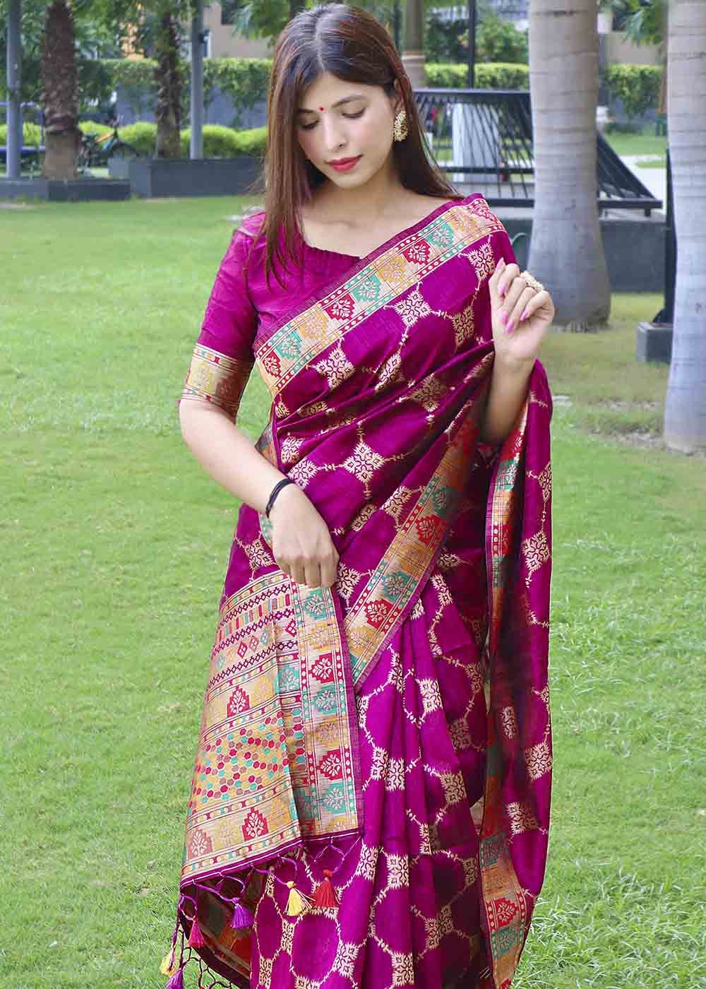 Buy MySilkLove Hopbush Purple Zari Woven Tussar Silk Saree Online