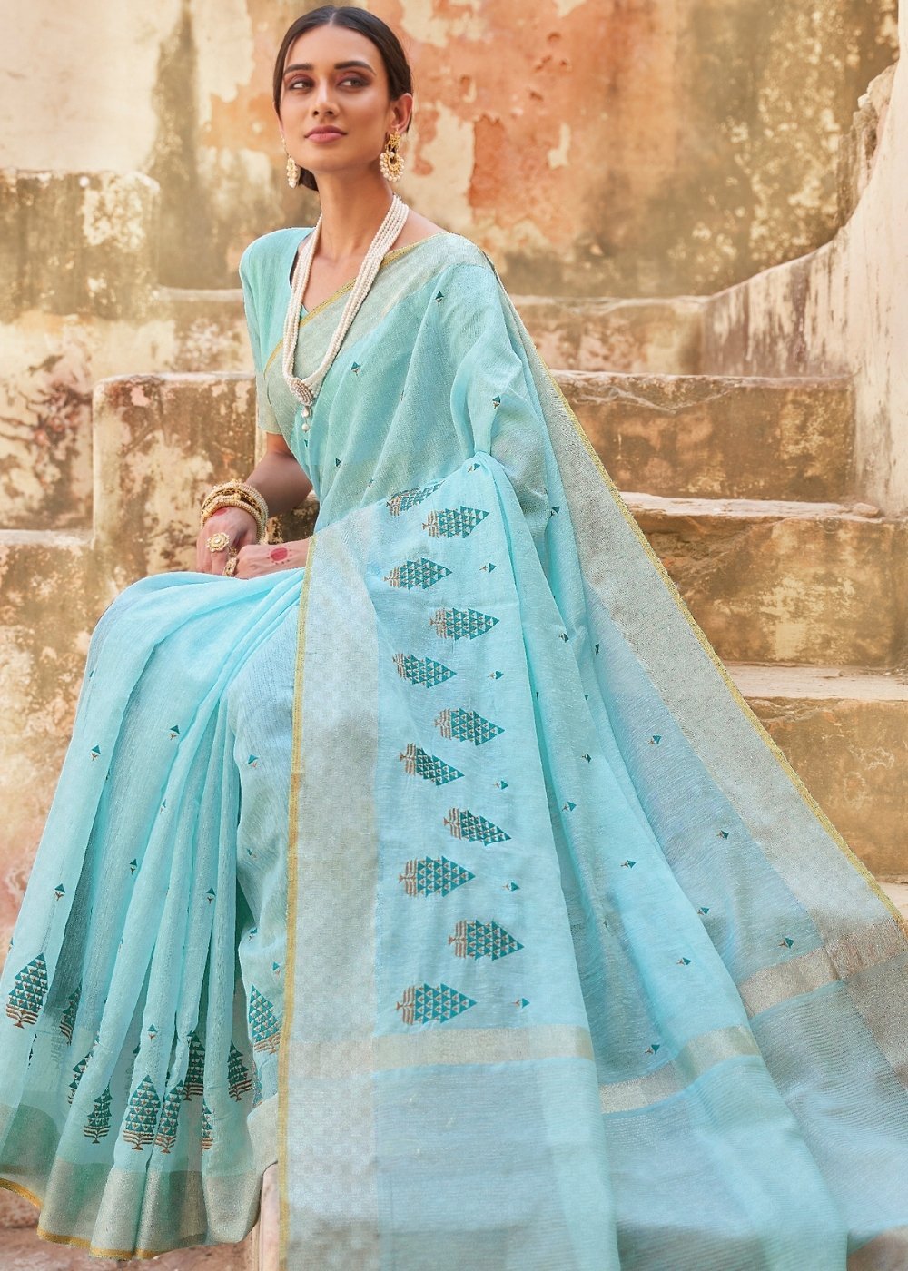 Buy MySilkLove Aqua Island Blue Linen Saree Online