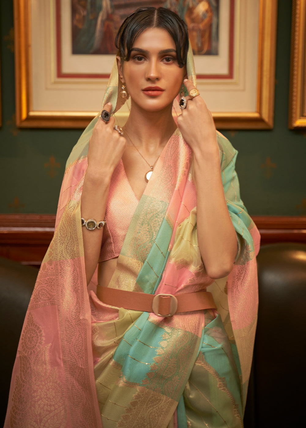 Buy MySilkLove Apricot Pink and Blue Zari Woven Banarasi Organza Saree Online