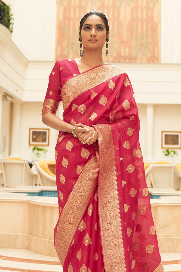 Buy MySilkLove Chestnut Red Zari Woven Organza Silk Saree Online