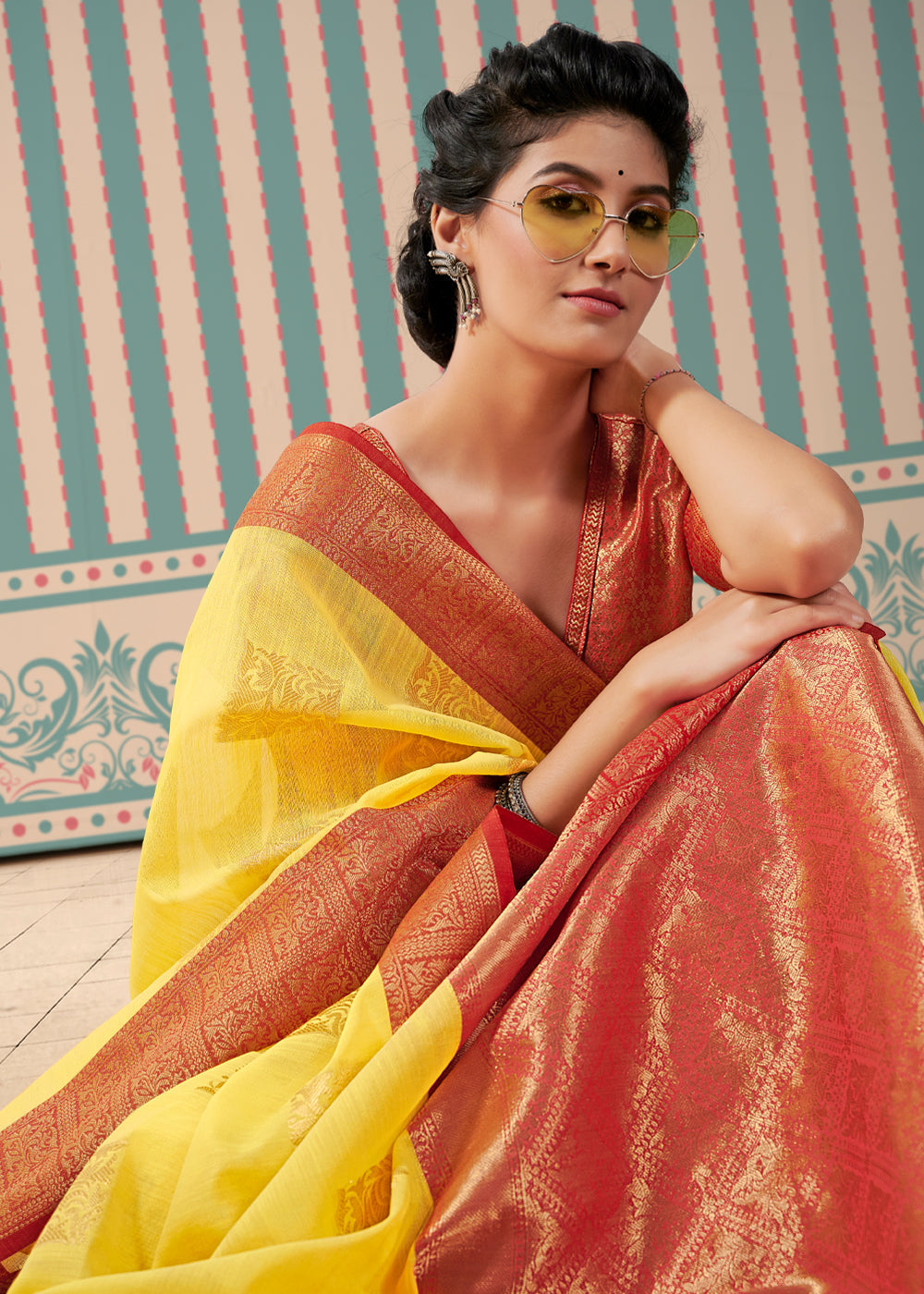 Buy MySilkLove Ronchi Yellow Zari Woven Banarasi Brocade Linen Saree Online