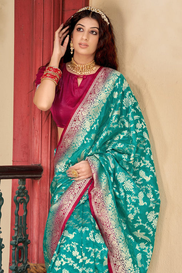 MySilkLove Keppel Blue and Purple Organza Saree