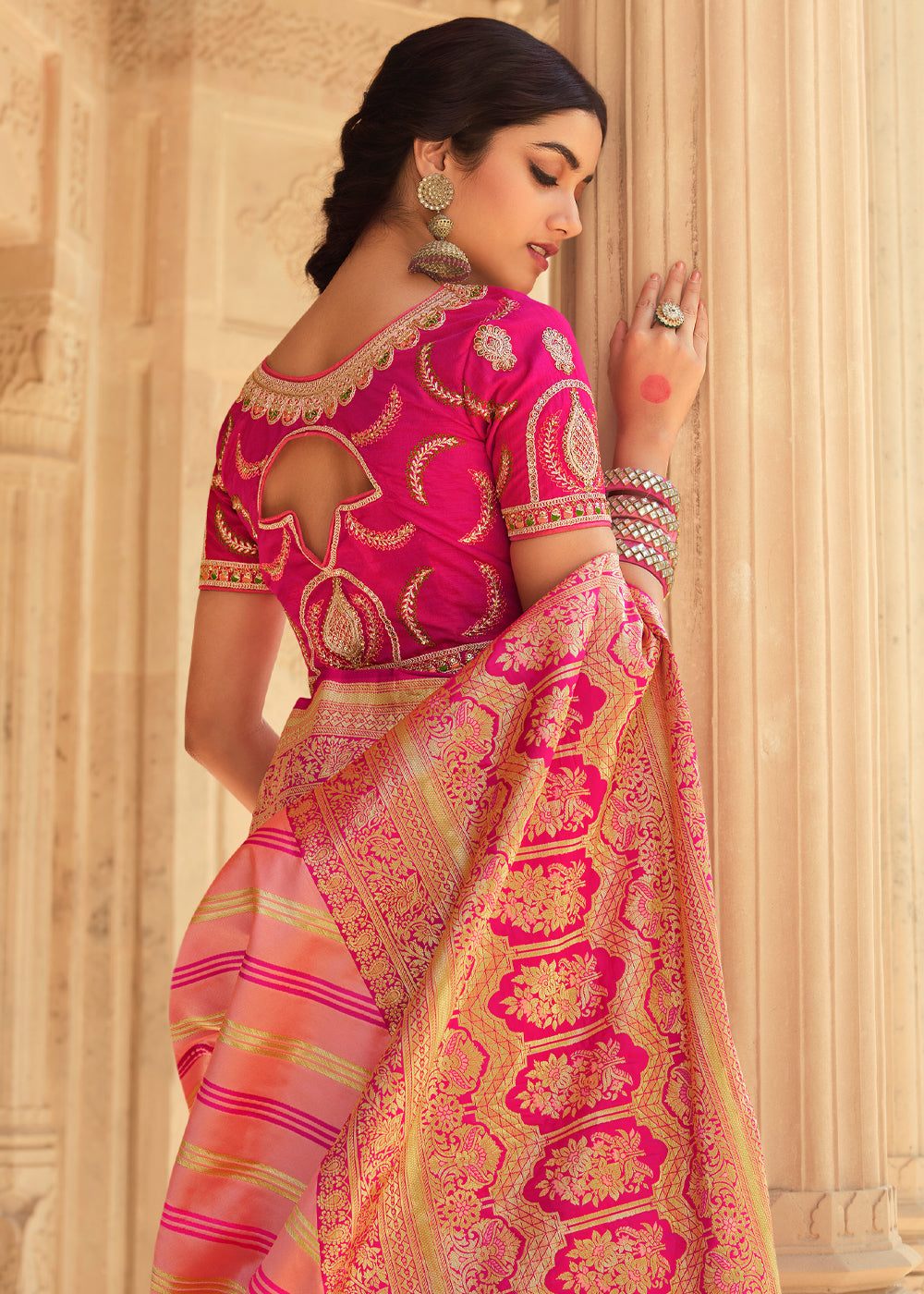 Buy MySilkLove Salmon Pink and Orange Zari Woven Striped Banarasi Saree with Designer Blouse Online