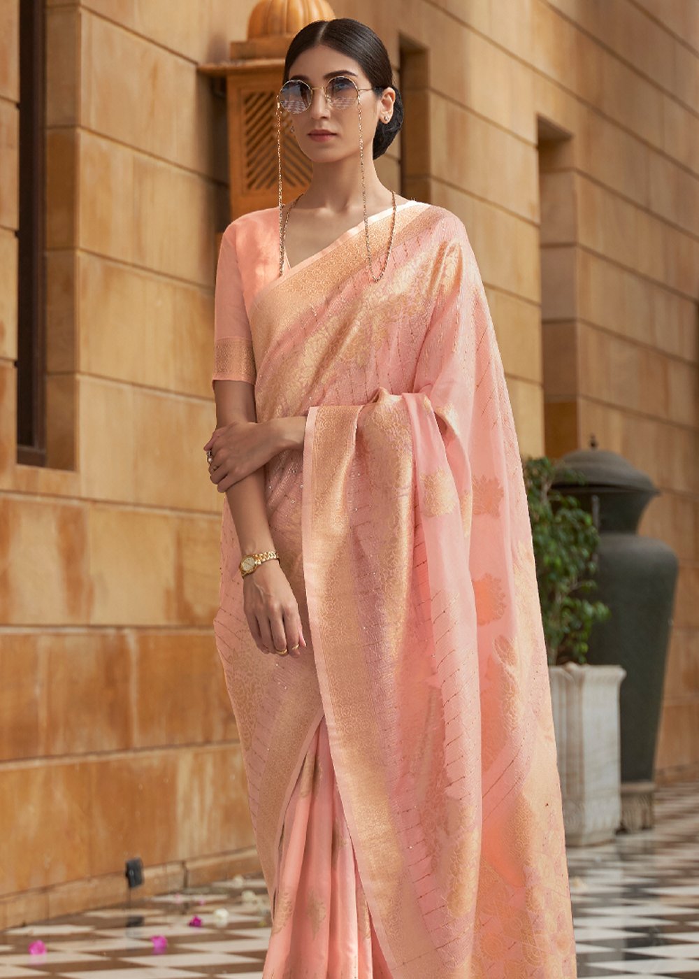 MySilkLove Cashmere Pink Zari Woven Banarasi Silk Saree