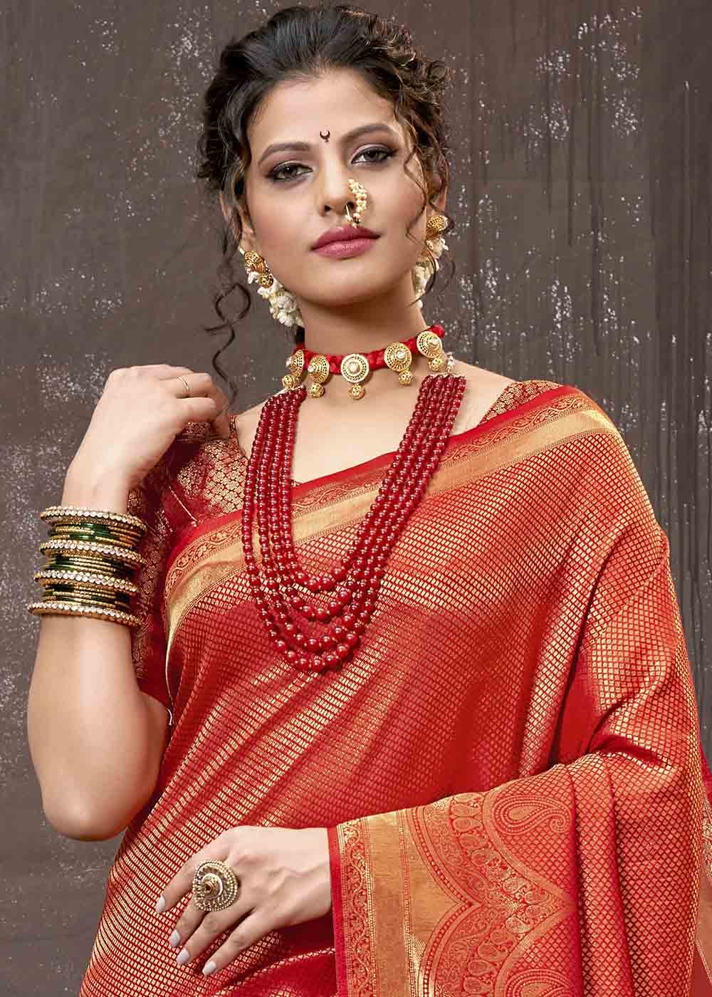 MySilkLove Bean Red Zari Woven Tissue Kanjivaram Saree