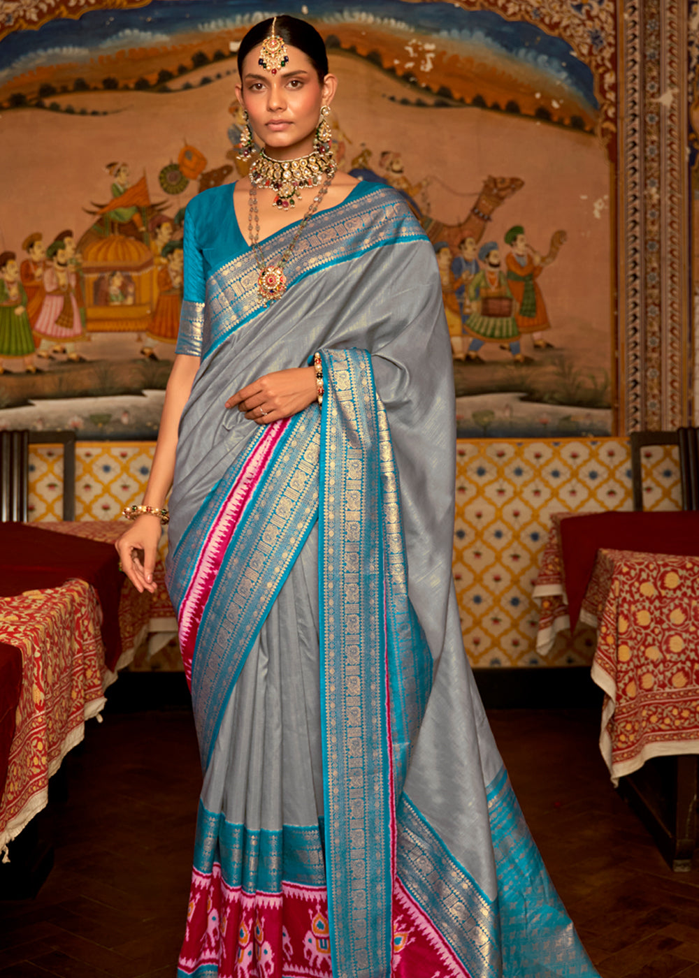 Buy MySilkLove Natural Grey and Blue Banarasi Patola Saree Online