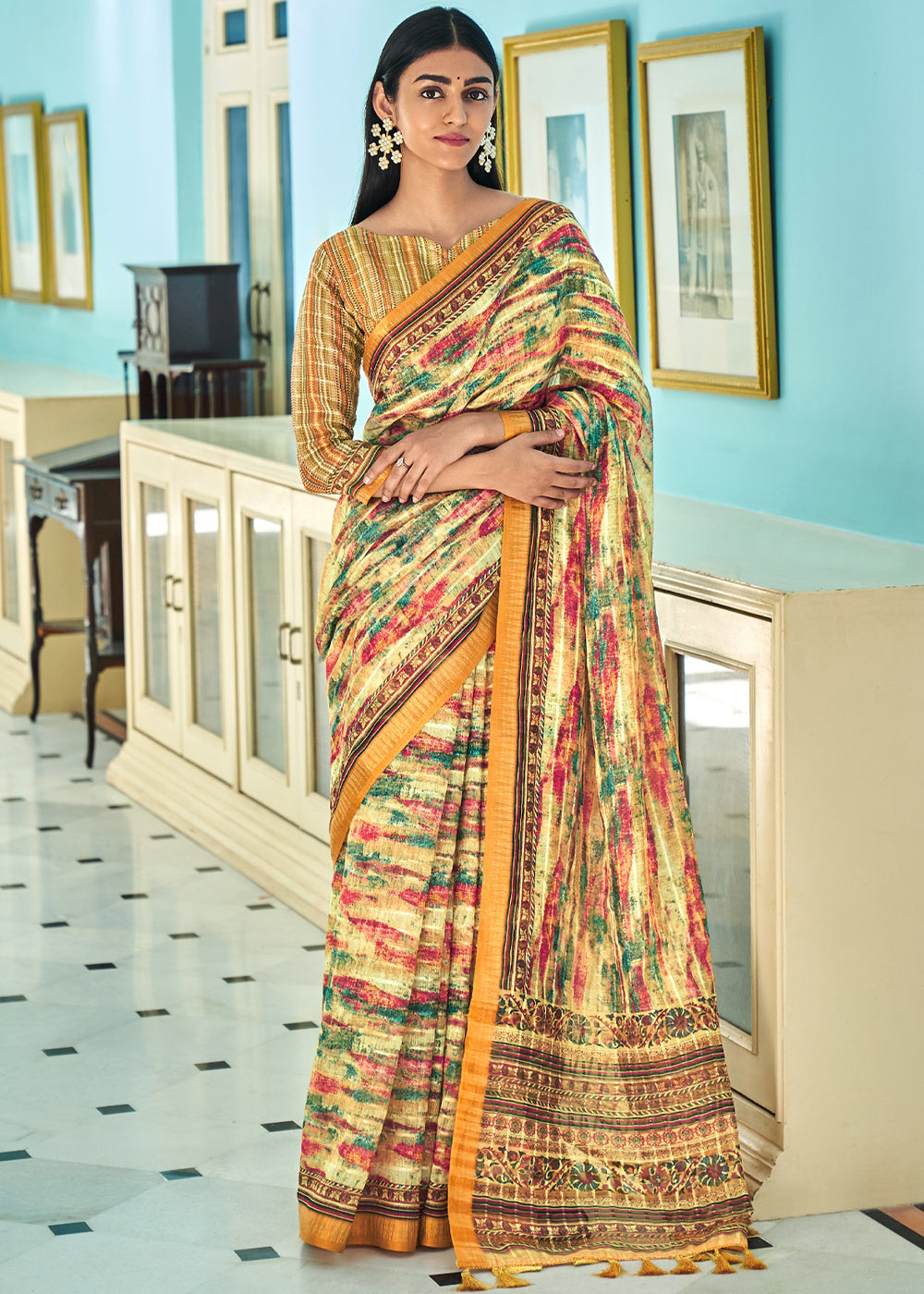 Buy MySilkLove Harvest Yellow Printed Linen Saree Online