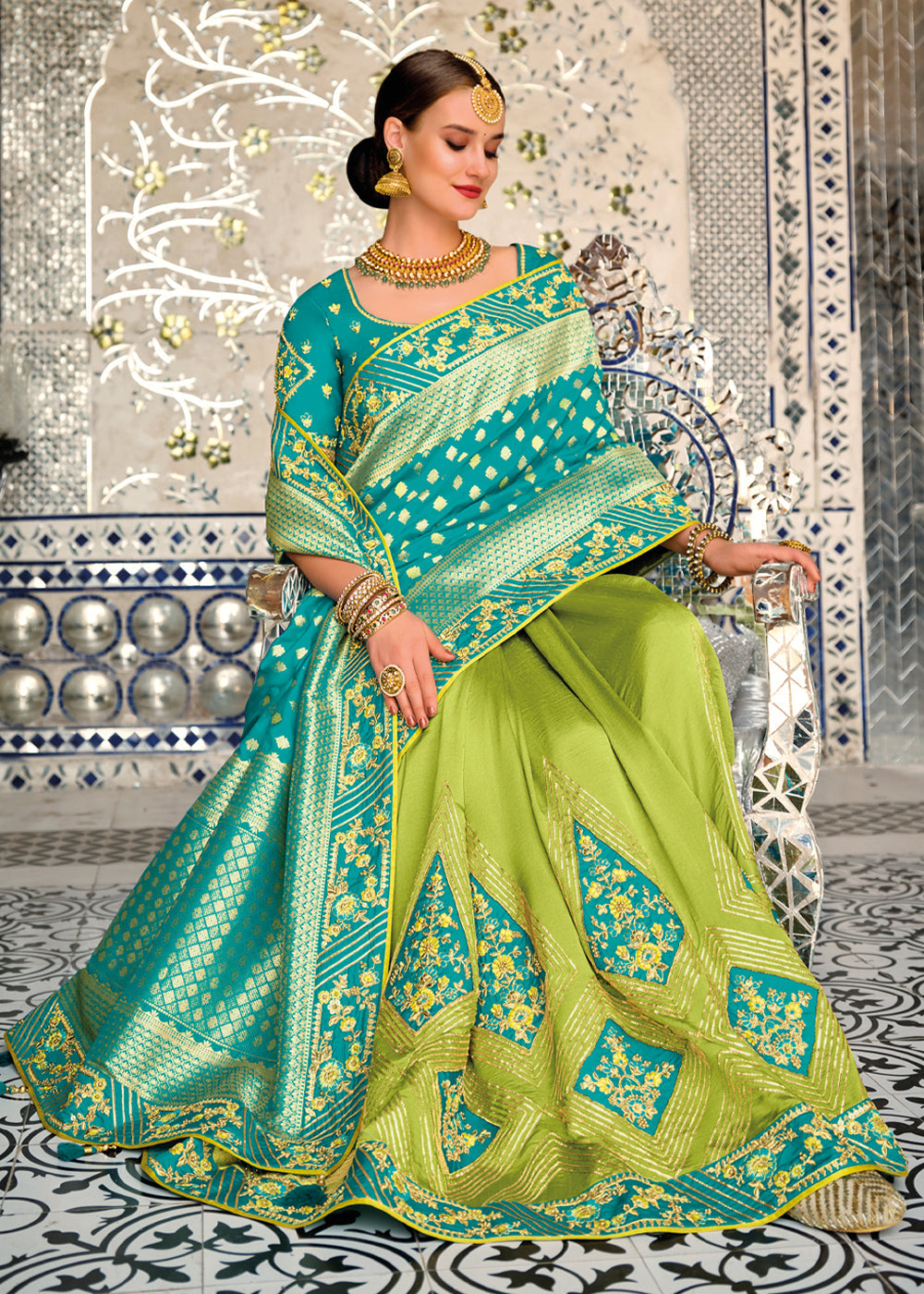 MySilkLove Peridot Green & Blue Zari Woven Designer Banarasi Saree