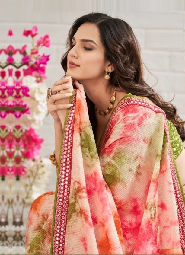 Buy MySilkLove Geraldine Pink and Green Chinon Printed Saree Online