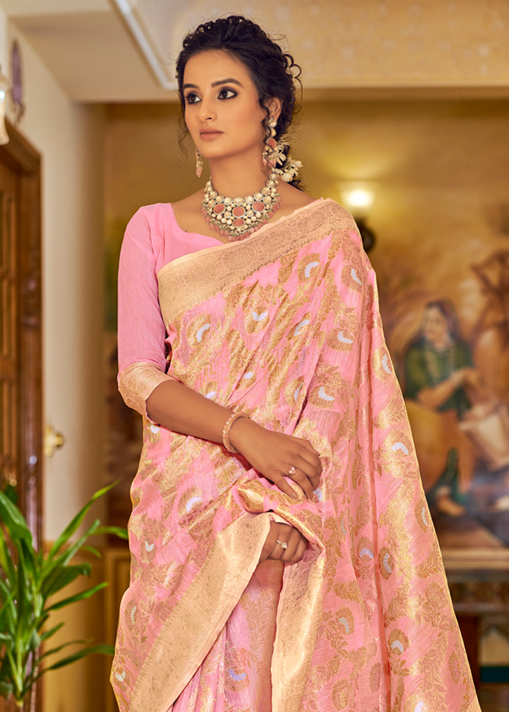 MySilkLove Rose Bud Pink Zari Woven Banarasi Linen Saree