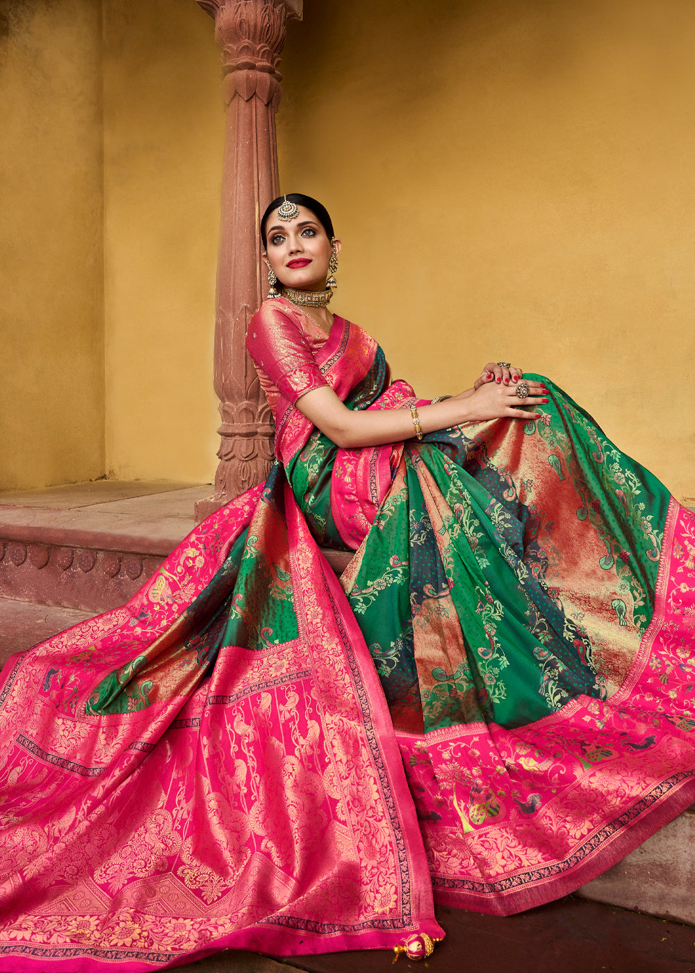 Buy MySilkLove Jade Green and Pink Designer Banarasi Saree Online