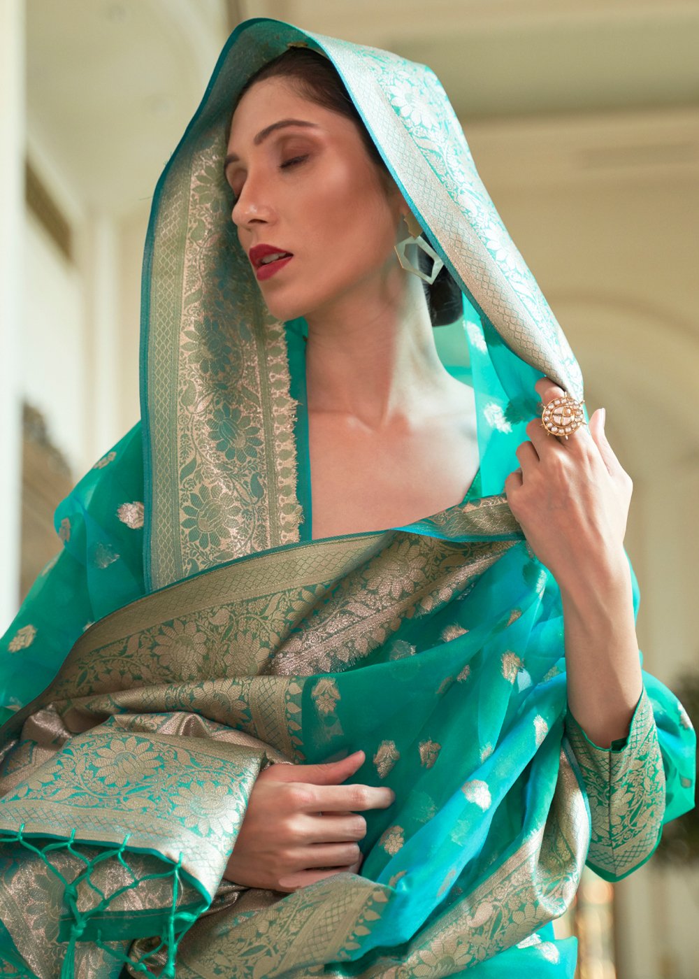 Buy MySilkLove Viridian Green Zari Woven Organza Silk Saree Online