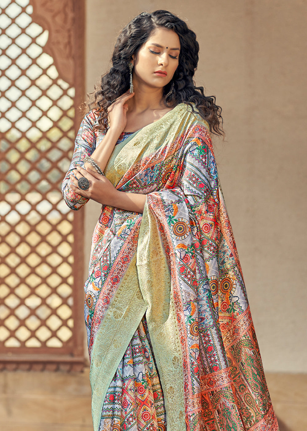 MySilkLove Santas Grey Multicolored Digital Printed Jacquard Silk Saree