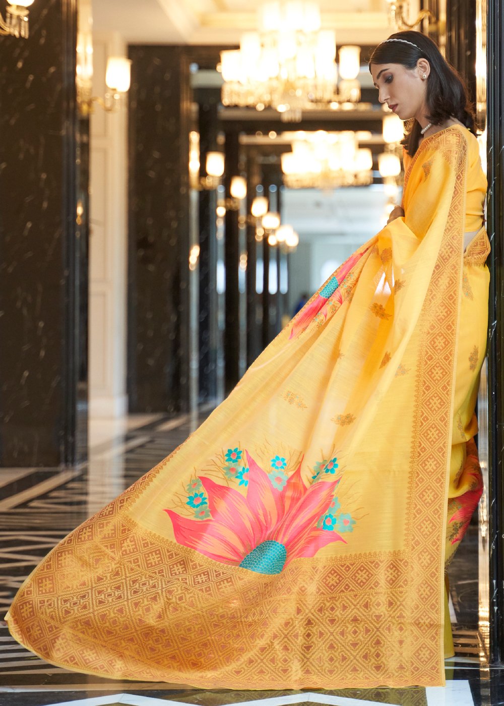 Buy MySilkLove Casablanca Yellow Banarasi Linen Saree Online