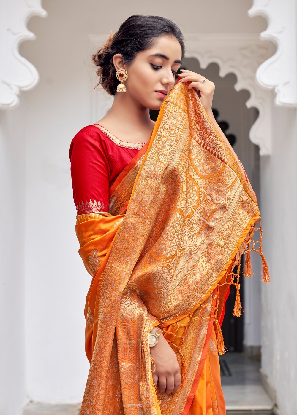 MySilkLove Neon Orange Zari Woven Banarasi Silk Saree