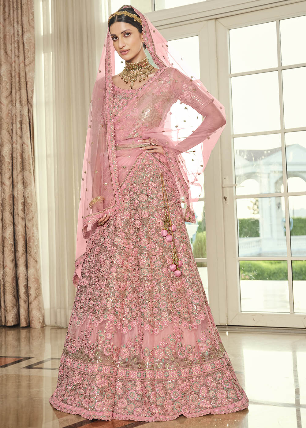 Buy MySilkLove Sundown Pink Net Designer Lehenga With Heavy Embroidered Work Online