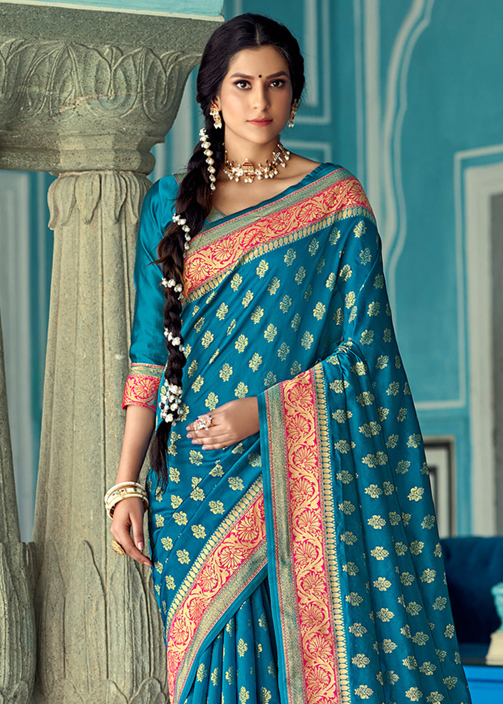 Buy MySilkLove Boston Blue and Red Zari Woven Banarasi Saree Online