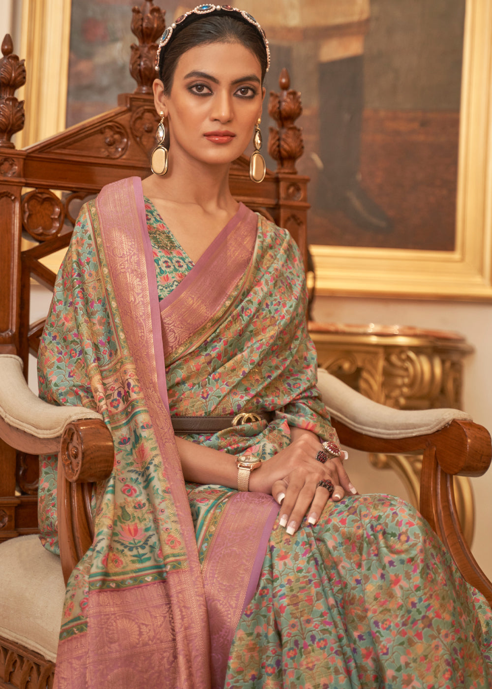 MySilkLove Battleship Green and Pink Banarasi Digital Printed Kanni Silk Saree