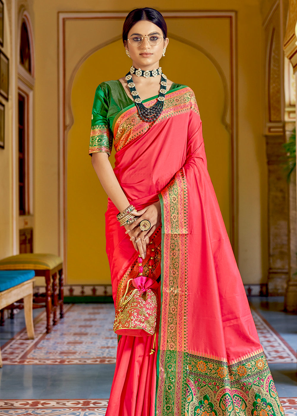 Buy MySilkLove Salmon Pink and Green Zari Woven Banarasi Soft Silk Saree Online