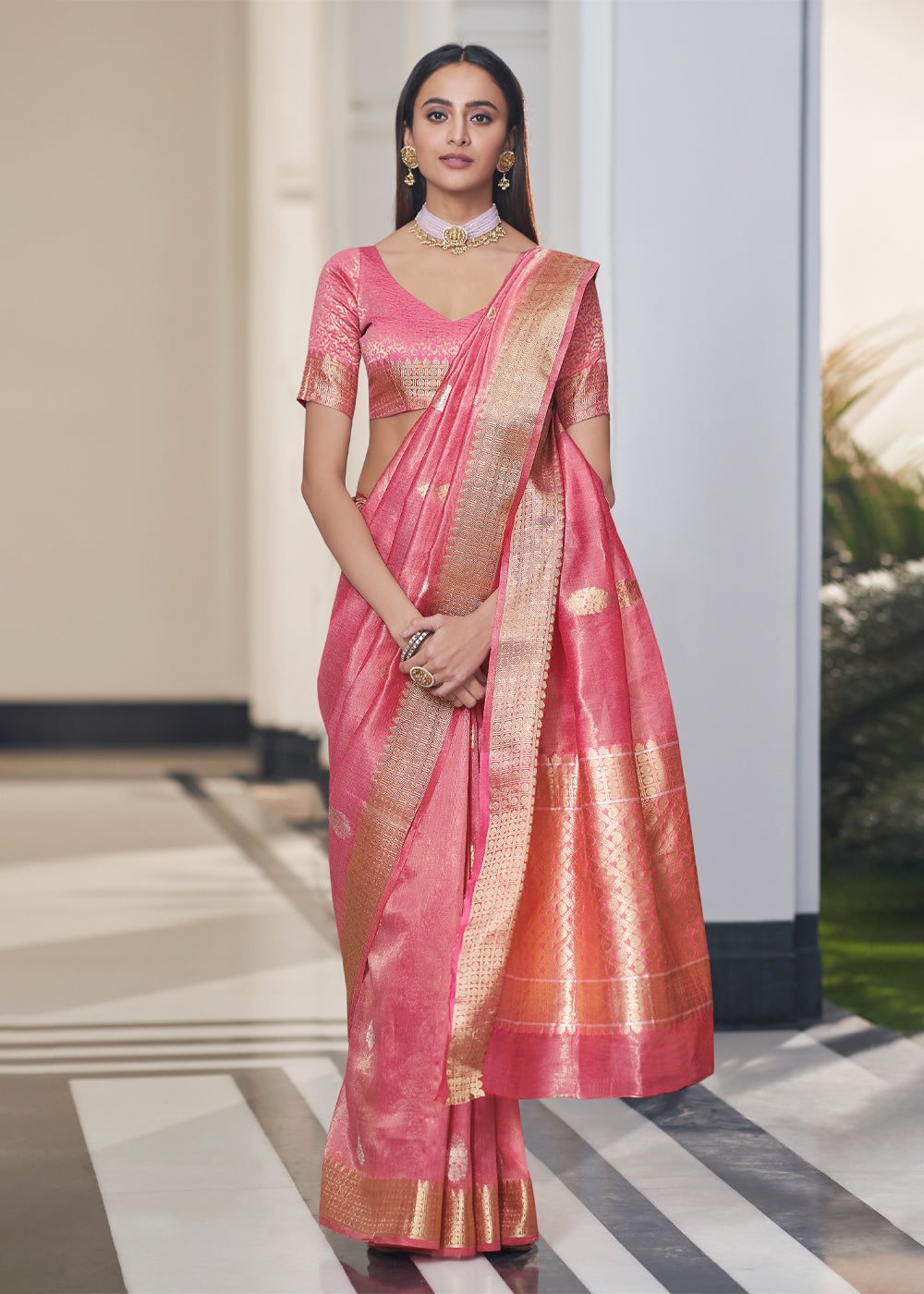 MySilkLove Sundown Pink Zari Woven Tissue Banarasi Silk Saree