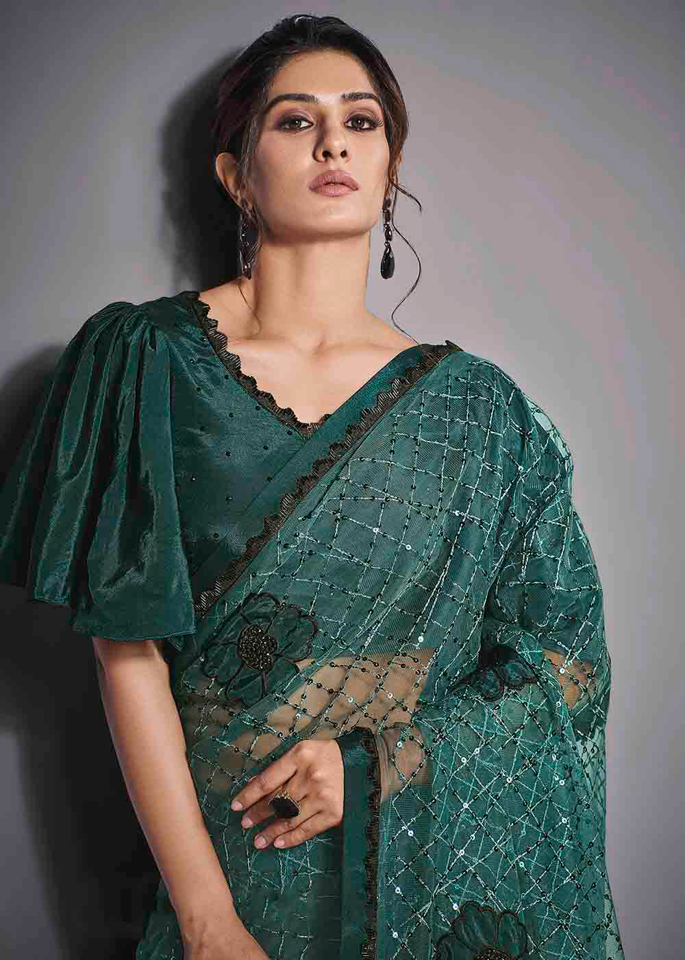 Buy MySilkLove Steel Teal Green Designer Lycra Saree with Embroidery Work Online