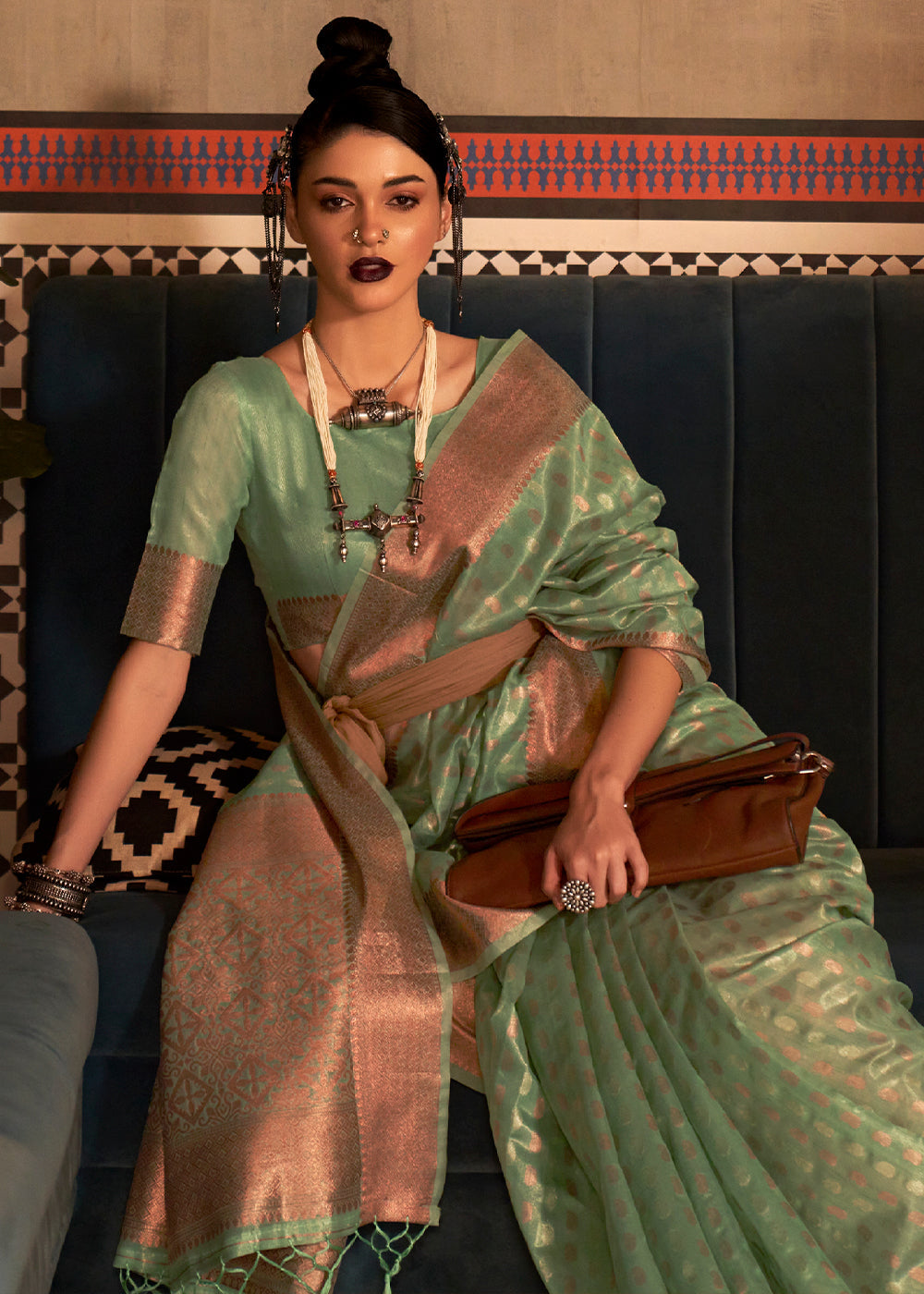 Buy MySilkLove Clay Green Zari Woven Tissue Saree Online