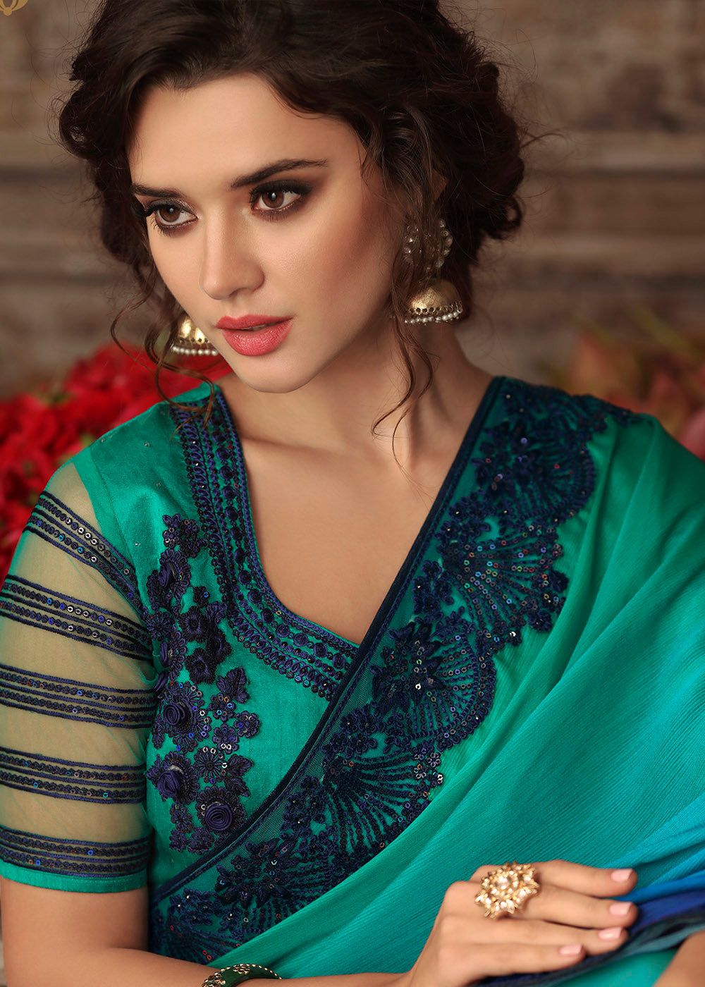 Buy MySilkLove Tradewind Blue Embroidered Designer Saree Online