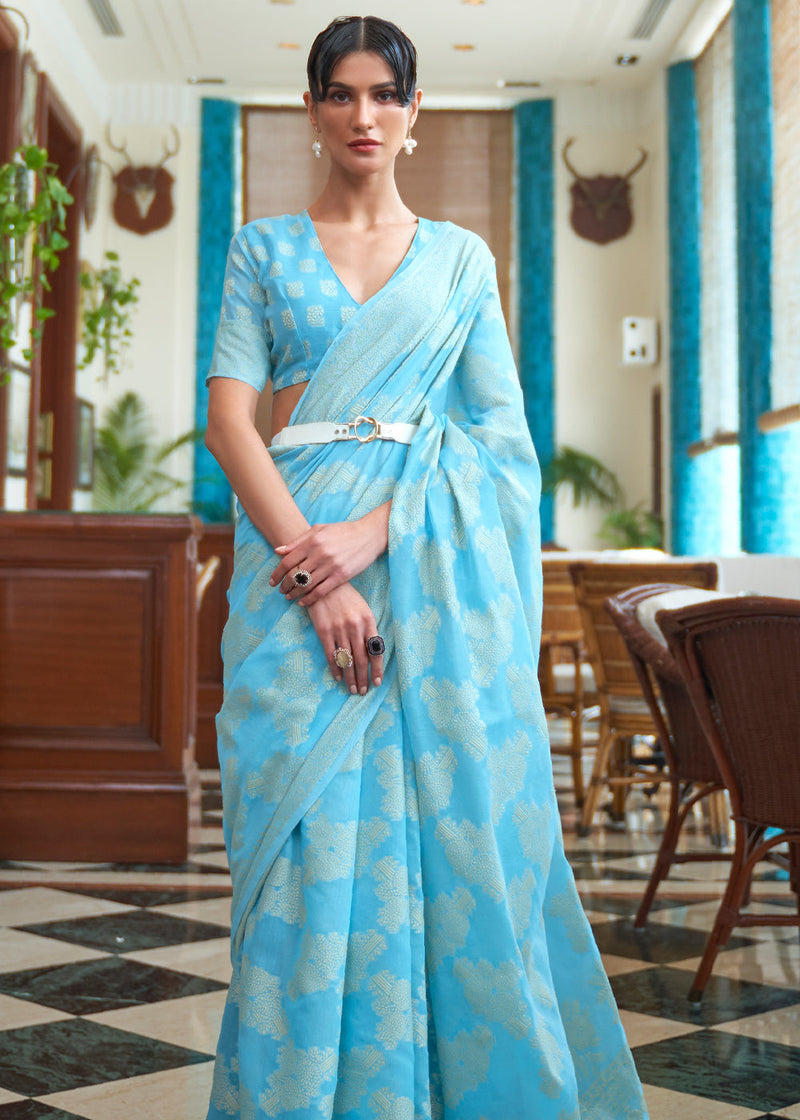 Aqua Blue With Golden Border Silk Traditional Saree – paanericlothing