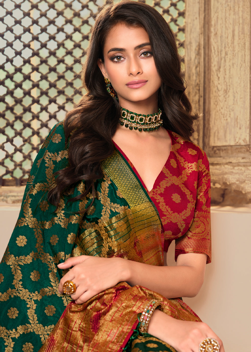 Buy MySilkLove Bottle Green Woven Banarasi Raw Silk Saree Online