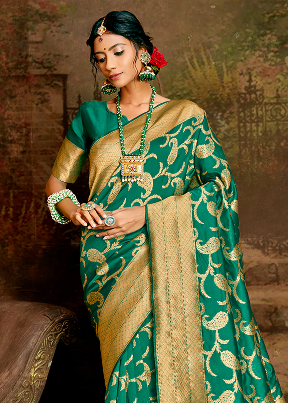 MySilkLove Silver Green Zari Woven Banarasi Jamdani Silk Saree