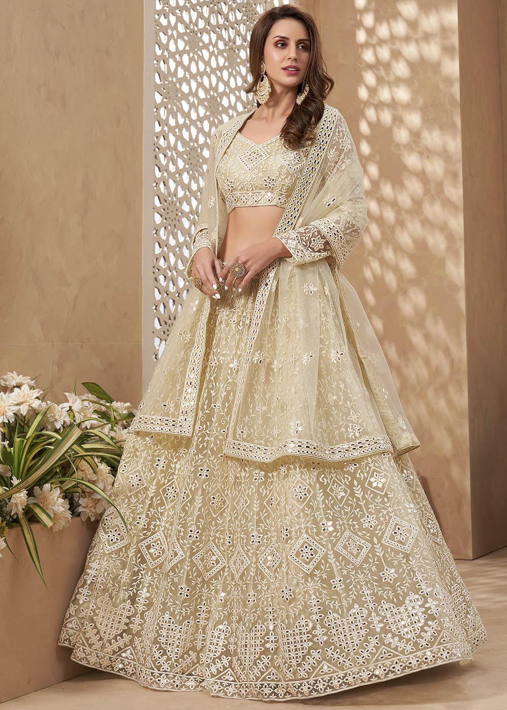 Buy MySilkLove Pavlova Light Yellow Designer Net Lehenga with Multi Thread Embroidery Work Online