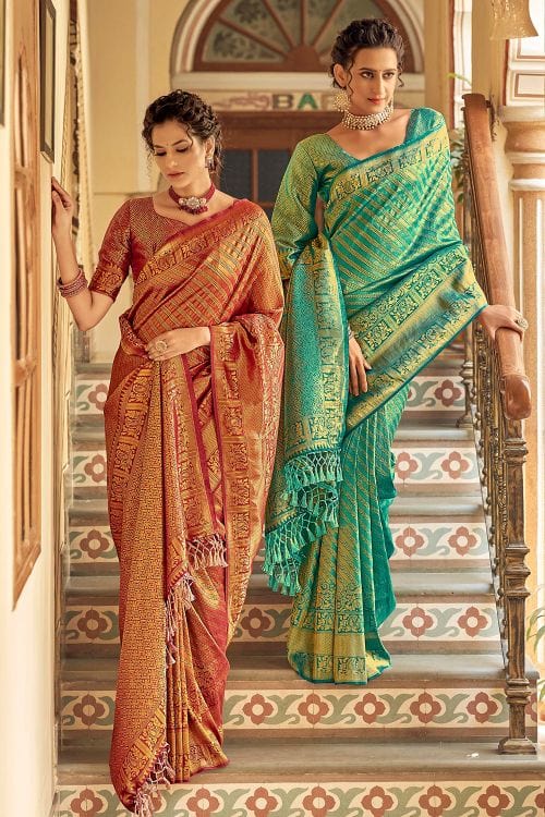 Buy MySilkLove Fruit Salad Green Zari Woven Tanchui Kanjivaram Fusion Silk Saree Online