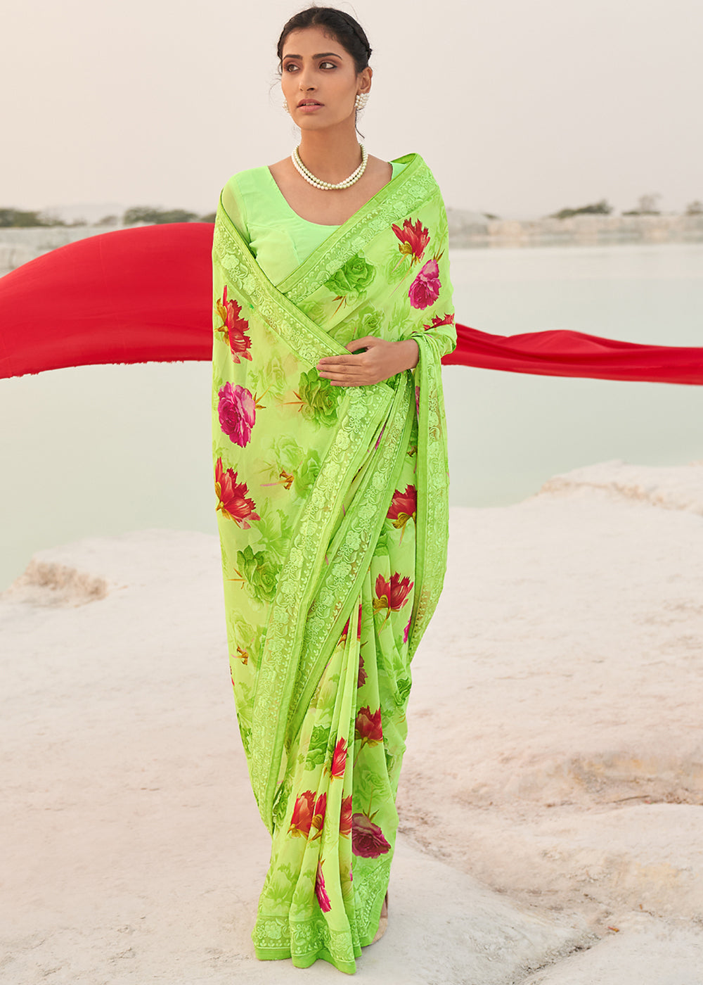 Buy MySilkLove Conifer Green Digital Printed Chiffon Saree Online