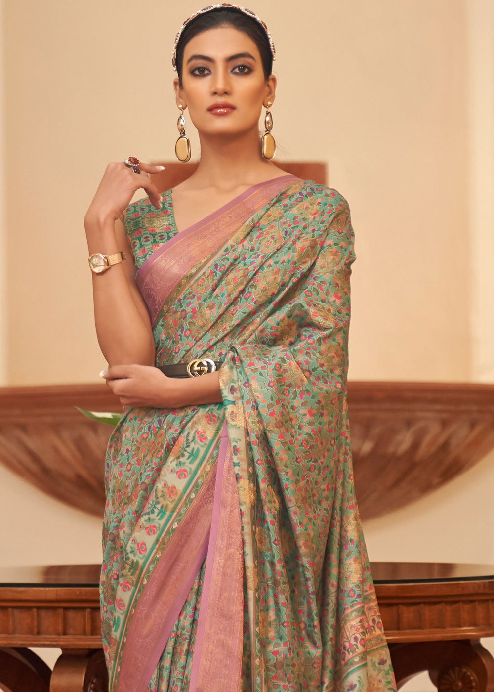 Buy MySilkLove Battleship Green and Pink Banarasi Digital Printed Kanni Silk Saree Online