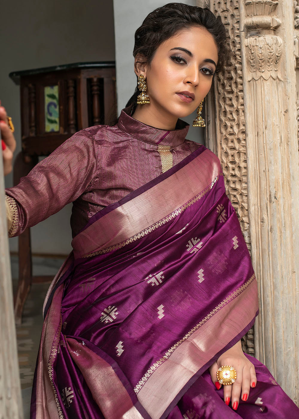 Buy MySilkLove Shocking Purple Zari Woven Tussar Silk Saree Online