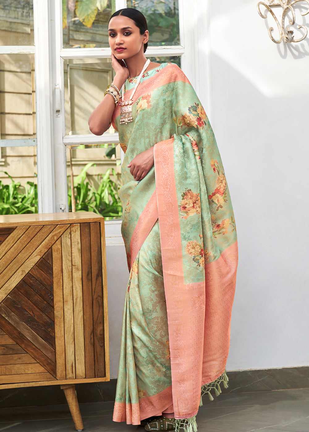 Buy MySilkLove Rainee Green Banarasi Jacquard Printed Saree Online