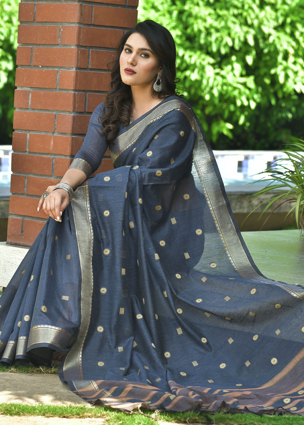 Buy MySilkLove Limed Spruce Blue Zari Woven Cotton Saree Online