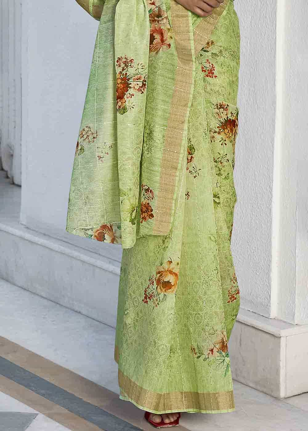 Buy MySilkLove Glade Green Digital Floral Printed Saree Online