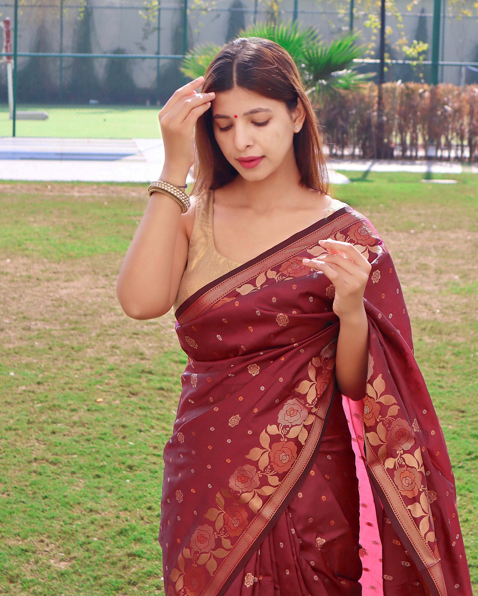 Buy MySilkLove Crown Of Thorns Brown Soft Silk Saree with Floral Woven Border and Pallu Online