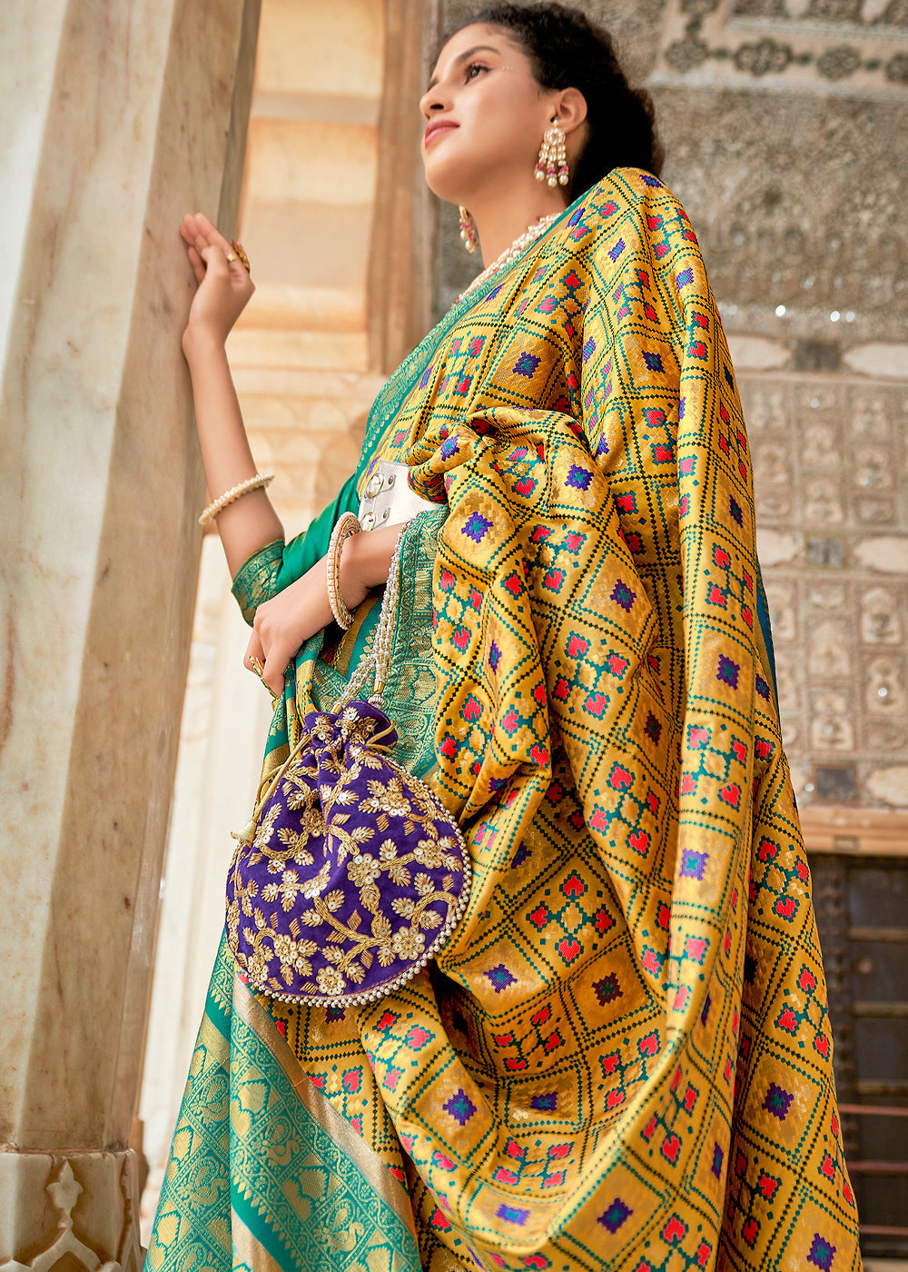 Buy MySilkLove Chenin Yellow and Green Zari Woven Patola Saree Online