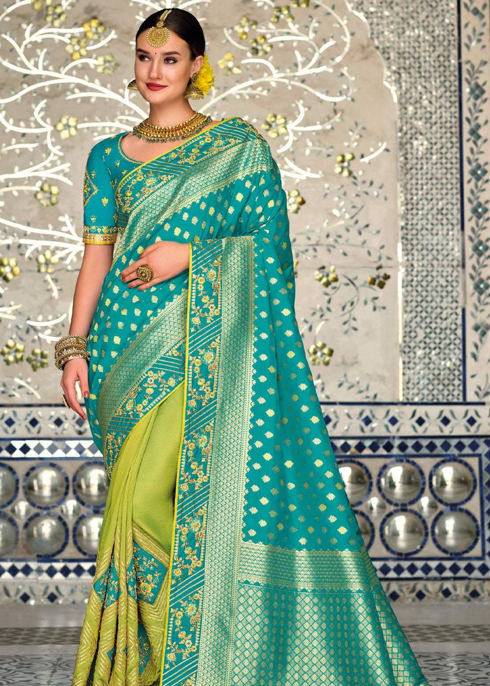 Buy MySilkLove Peridot Green & Blue Zari Woven Designer Banarasi Saree Online