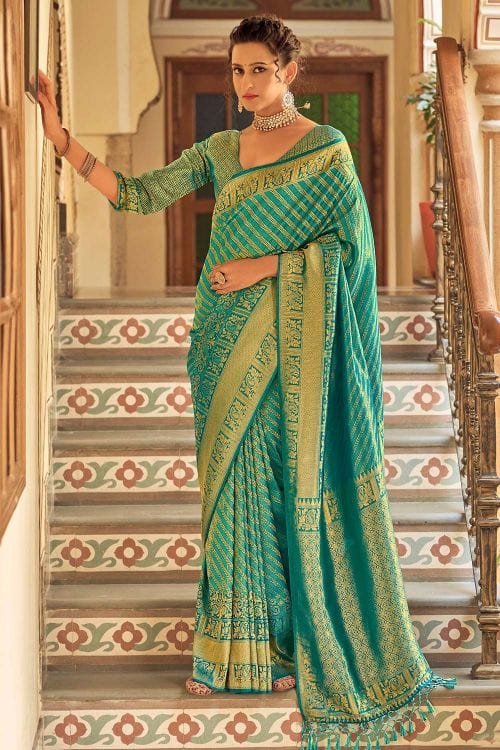 Buy MySilkLove Fruit Salad Green Zari Woven Tanchui Kanjivaram Fusion Silk Saree Online