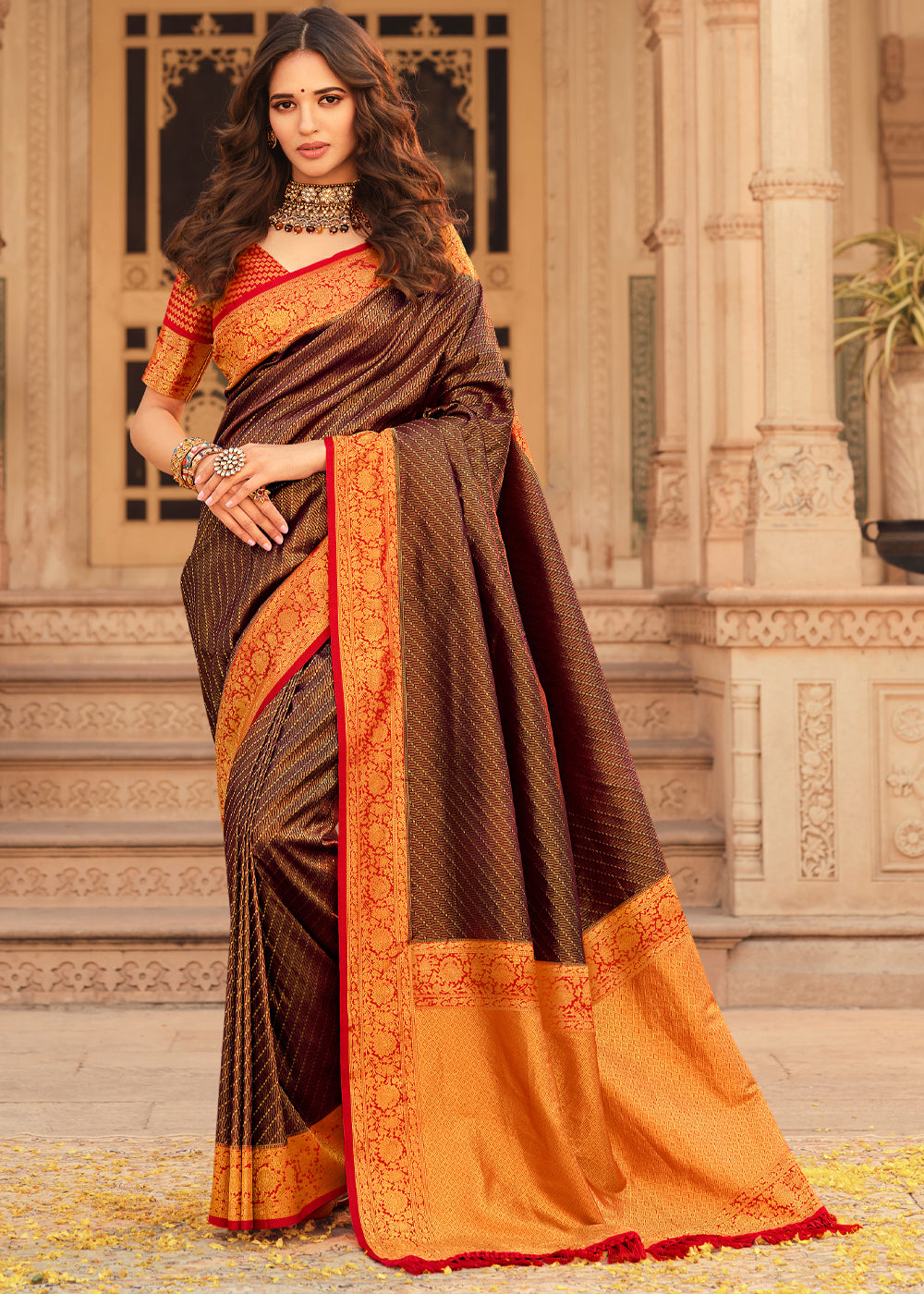 Buy MySilkLove Brown Derby and Red Zari Woven Kanjivaram Saree Online